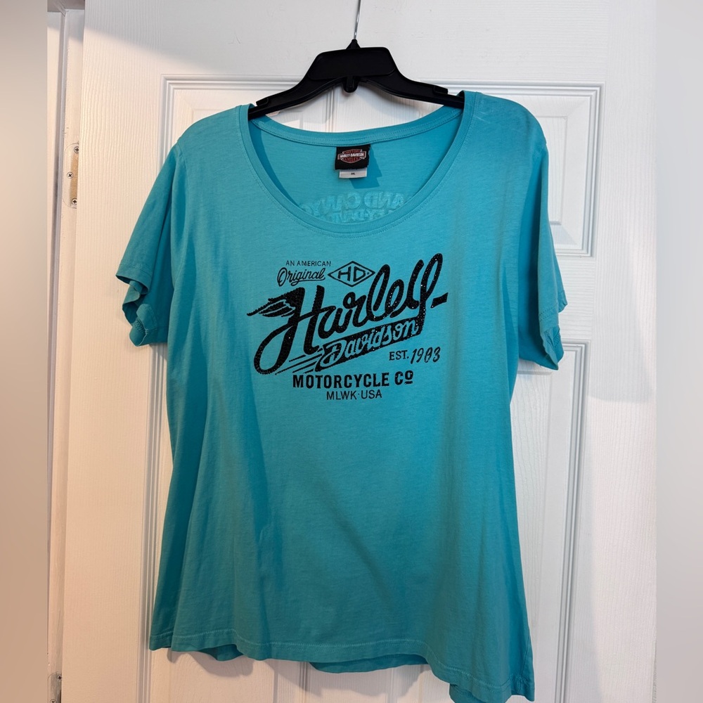 Harley-Davidson Teal Scoop Neck Short Sleeve Tee with Black Logo